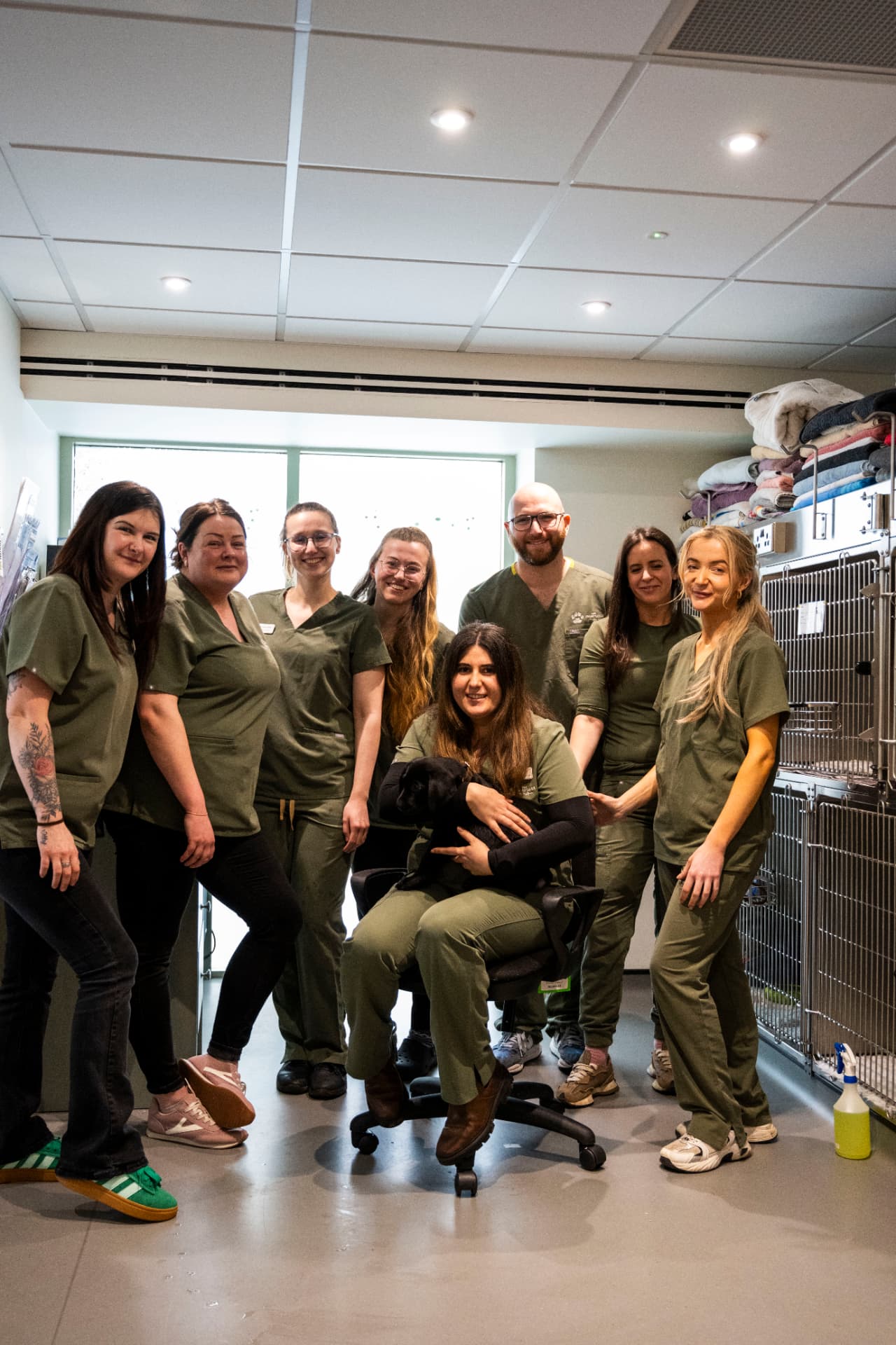 The whole veterinary team in green scrubs