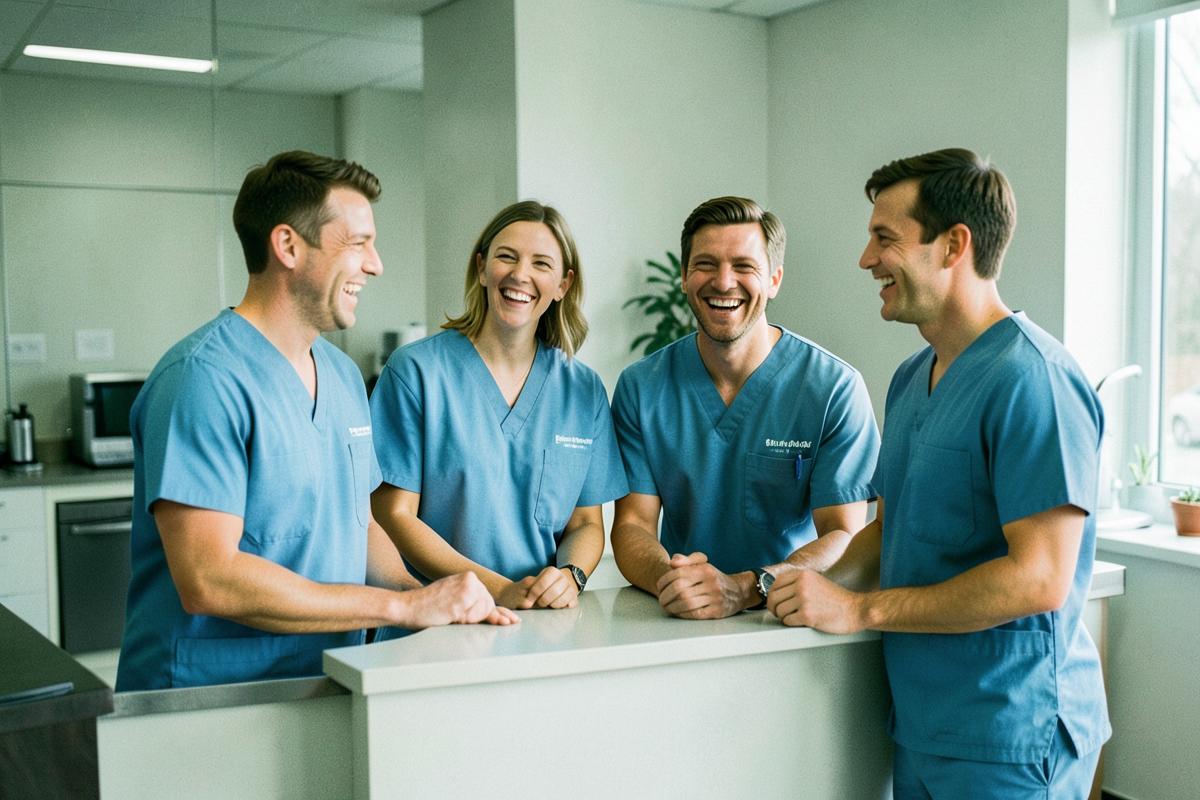 Veterinary team laughing together at a practice reception desk